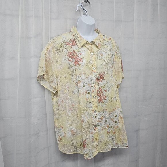 Yellow Salmon Floral Blouse Swiss Dot Boho Cottagecore 1X+ - Picture 4 of 9
